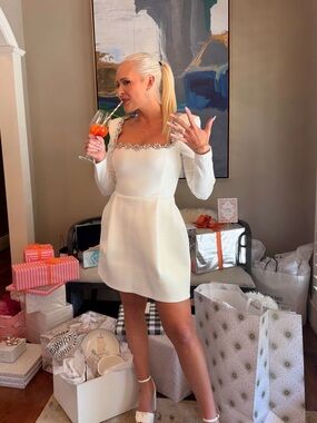 NADINE MERABI White Long-Sleeve Embellished Square Neck Mini Dress
